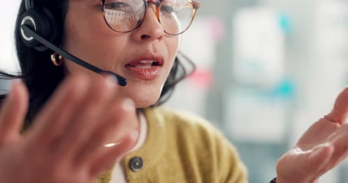 Business woman, agent and mouth with headset for communication or online advice in office