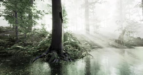 Misty Forest Landscape with Sunlight Filtering Through Trees at Dawn