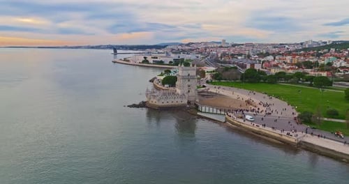 Aerial View of Belem Tower in Lisbon Medieval Building Touristic Landmark Lisbon Portugal