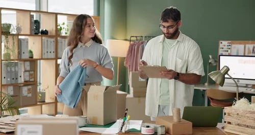People, small business and packaging boxes for retail, shipping preparation