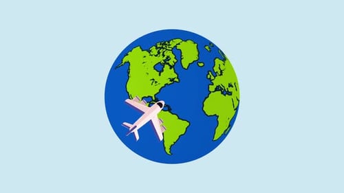 Flat Design Airplane Circumnavigating Globe Travel Animation