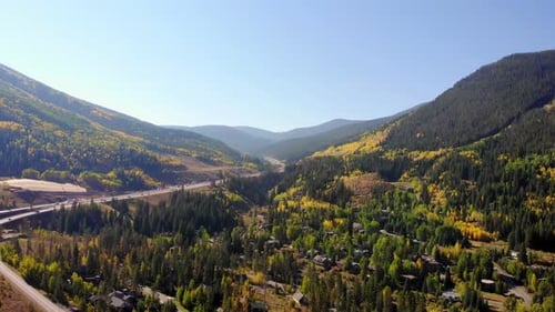 Beautiful Yellow Green Autumn Scenery Near Alpine Woodland Mountain Hills Countryside Town Road High