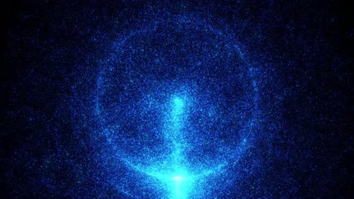 Magische Glitzerpartikel fallen und bilden eine kreisförmige Form. Glühender blauer Partikel, der auf Schwarz fällt