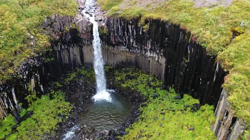 Aerial drone view of Svartifoss waterfall cascading down dramatic basalt column cliffs in Vatnajokul