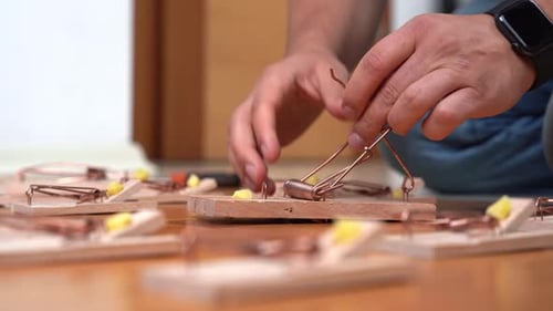 Man sets mousetraps to catch unwanted visitors with pliers