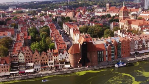 Historic crane in old town of Gdansk City . Aerial view.