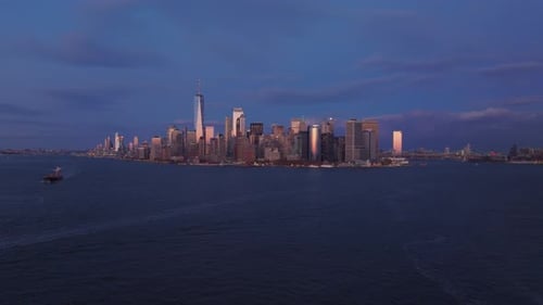 Aerial View of Lower Manhattan Skyline During Blue Hour with One World Trade Center Standing Out