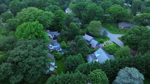 Aerial top down of expensive mansion and villas in idyllic area of american town. Green Trees in lux