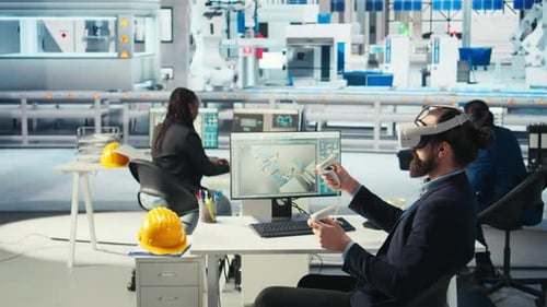 Engineer in Photovoltaics Factory Using VR Headset to Diagnose Systems