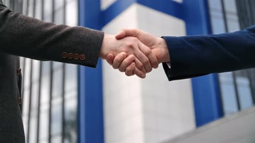 Two Business Man Handshaking Friendly Greeting Informal Meeting to Each Other Outdoor Downtown City