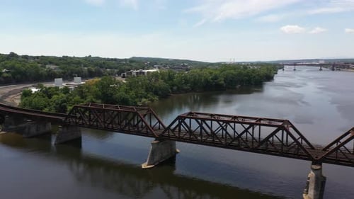 Aerial 4K Springfield MA train Tracks left to right