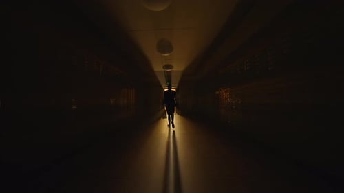 Eerie and Atmospheric Dark Hallway with a Mysterious Figure and Light Shining at the End