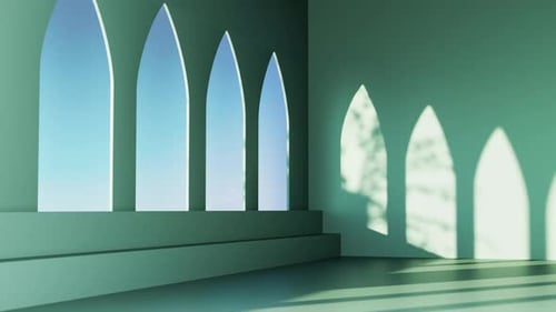 Sunny green room, windows with archs. 3d render, realistic design. Foliage leaf shadow, sunlight