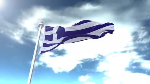 Waving Greek Flag Against Cloudy Blue Sky Loop
