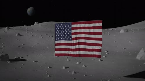 American Flag Waving on Lunar Surface with Earth in Distant Space