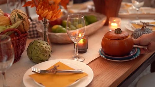 Holiday Table Set With Pumpkin Dish
