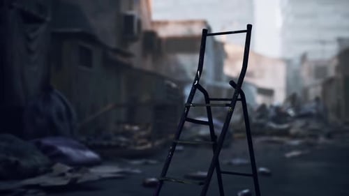Lonely Ladder Standing on a Debris Filled Street in an Abandoned Urban Area