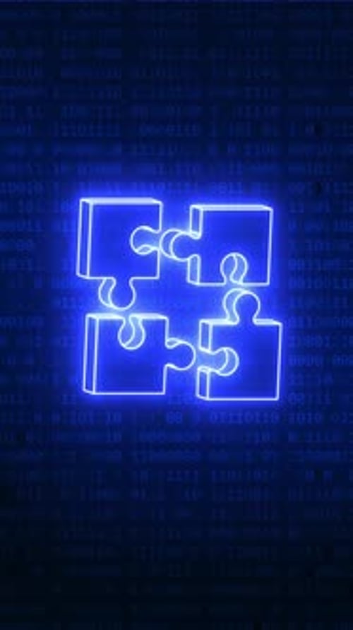 Animated Neon Puzzle Pieces with Scrolling Binary Code Background