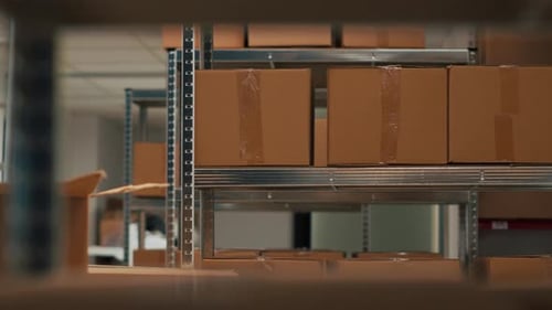 Salle de rangement remplie de boîtes en carton sur des étagères et des supports