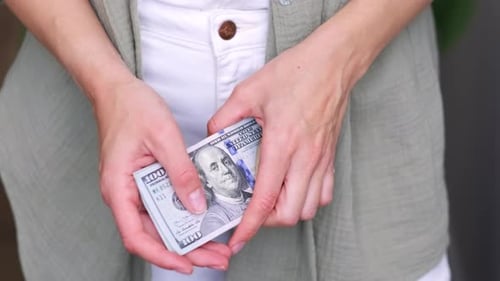 Cropped View Woman Showing Cash Money 1000 American Dollars Banknotes Hands with Money Close Up