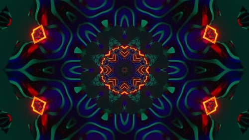 Colorful kaleidoscope design with blue background and red center. Kaleidoscope VJ loop