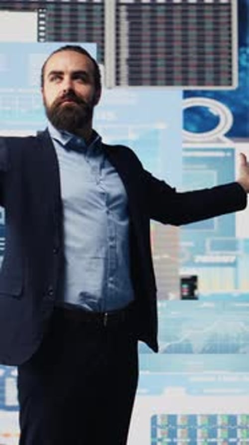 Vertical Video Fearless Businessman Celebrates Success and Achievement for High End Career
