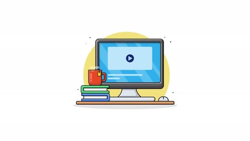 4K-Computer mit Büchern und Kaffeetasse. Animationsvideo zum Online-Bildungskonzept