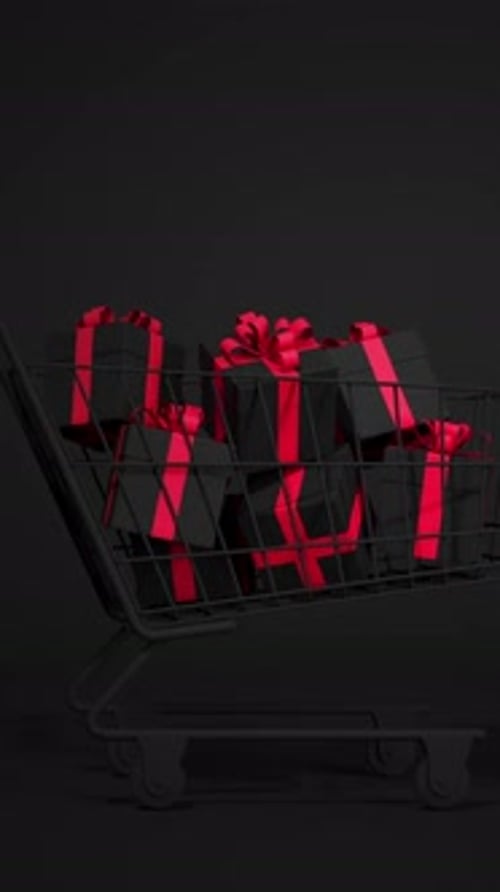 Animated Shopping Cart with Black Gift Boxes and Red Ribbons