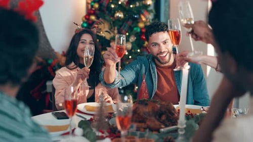 Happy, friends and toast alcohol on Christmas for celebration, festive event and social gathering