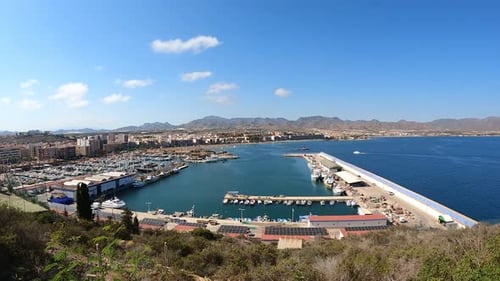 Scenic Harbor View of Coastal City on Sunny Day