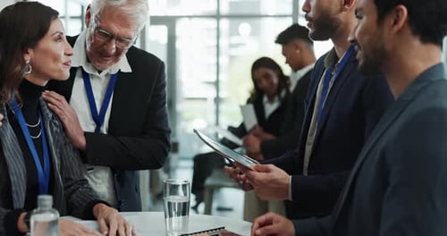 Meeting, conference and business people with tech in discussion for connection