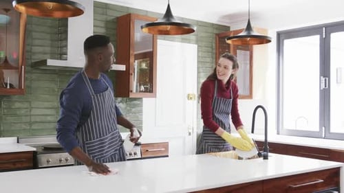 Couple Cleaning Together in Modern Kitchen