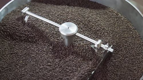 Coffee Beans Stirred in Roasting Machine