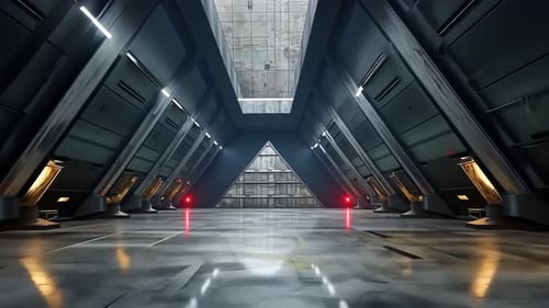 Futuristic interior hallway with dark, triangular architecture