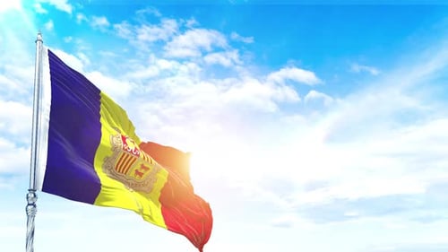 Andorra National Flag Waving in Realistic Sunny Blue Sky
