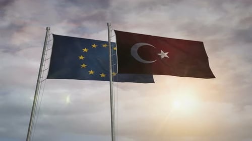 European Union and Turkey Flags Waving in Modern Style