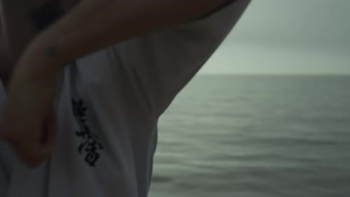 Tattooed man honing fighting skills practicing punches at sunrise on the beach