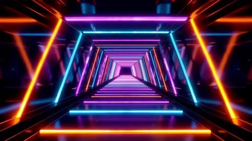 Futuristic Neon Tunnel with Glowing Geometric Shapes