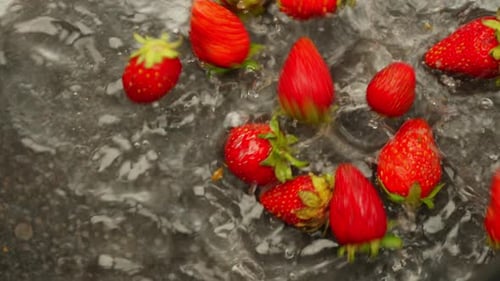 Zeitlupenvideo von roten Erdbeerbeeren, die ins Wasser fallen