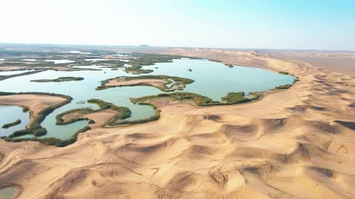 Stunning Aerial View of a Desert Landscape with Water Pools – Cinematic 4K Video