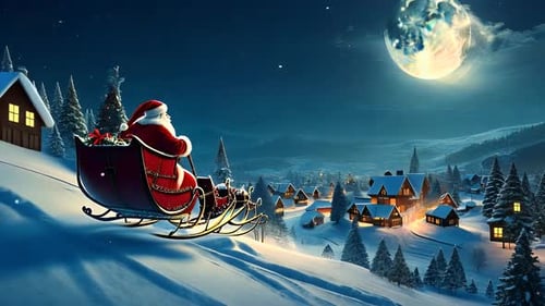 Papai Noel descendo pela cidade montanhosa nevada em seu trenó e lua cheia no céu