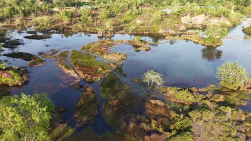 Drone aerial of abandoned quarry lake wetlands and islands