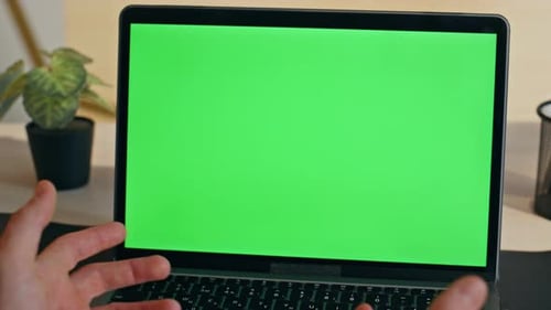 Unknown Businessman Talking Mockup Laptop Video Conference at Office Closeup