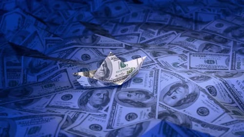 Paper boat made of money on dollar background