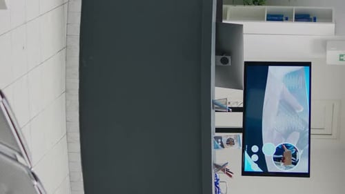 Vertical Video Empty Hospital Waiting Room in Lobby with Reception Counter