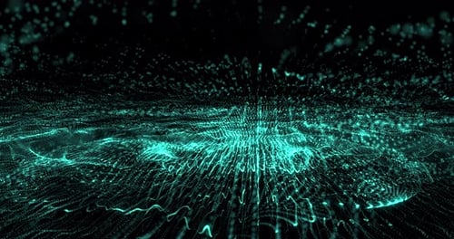 Abstrakter Hintergrund mit blaugrünen, sich bewegenden fliegenden Streifen, Linien, Wellen von digitalem Hightech-Rauchparcours