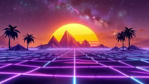Synthwave Retro-Palmen im Neonraster bei Sonnenuntergang, 80er-Jahre-Stil