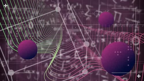 Digital animation of abstract shapes moving against mathematical equations on purple background