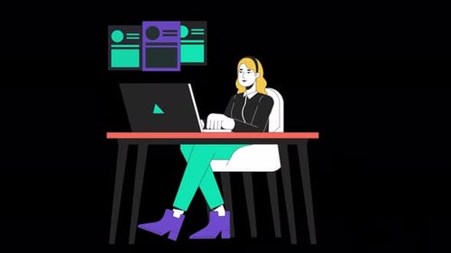 Flat Design Animation of Woman Working with Laptop and Headphones