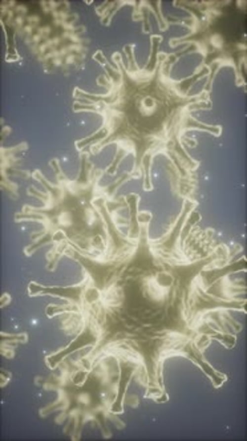 Bactérias, vírus ou germes, células de microorganismos sob microscópio com profundidade